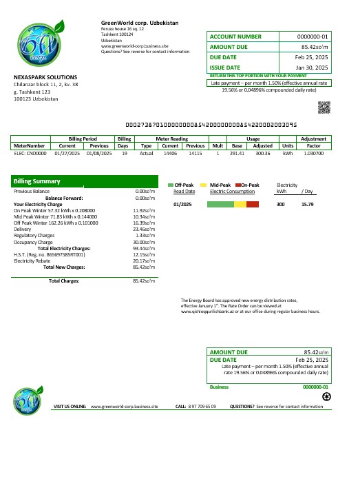 Professionelle Usbekistan GreenWorld Geschäftlich Nebenkostenabrechnung Vorlage in Word und PDF Format, Fully Editable