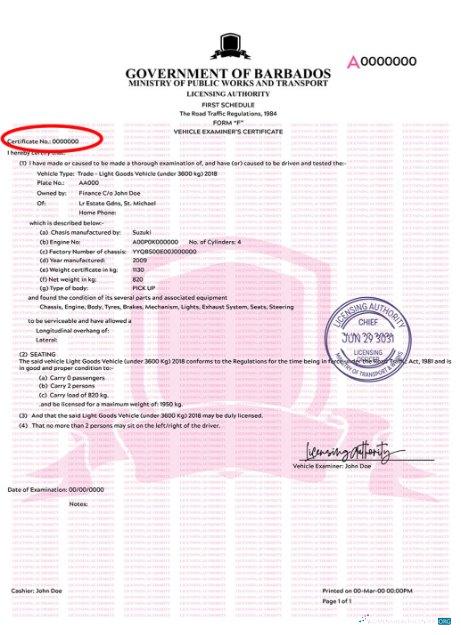 Realistische Herunterladen Barbados Vehicle Registration Certificate Photoshop Vorlage