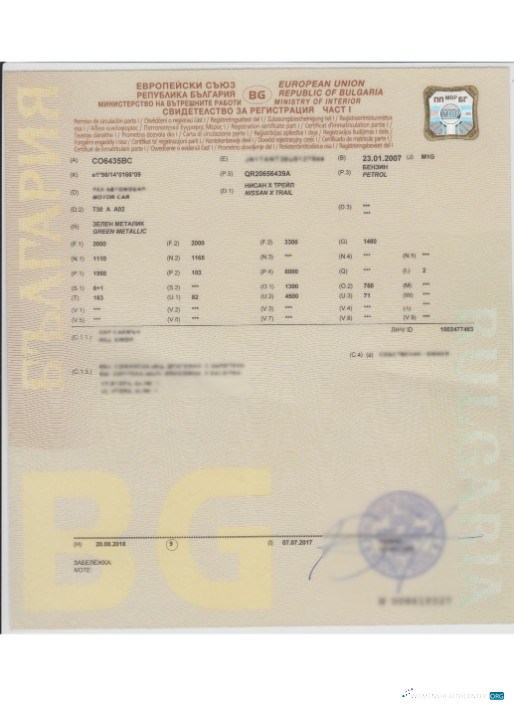Realistische Herunterladen Bulgarien Vehicle Registration Certificate Photoshop Vorlage