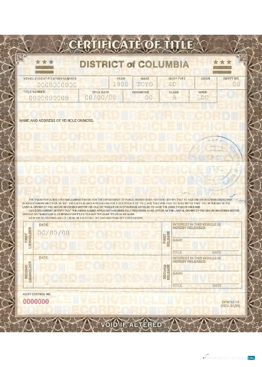 Editierbare Herunterladen Columbia Vehicle Registration Certificate Photoshop Vorlage