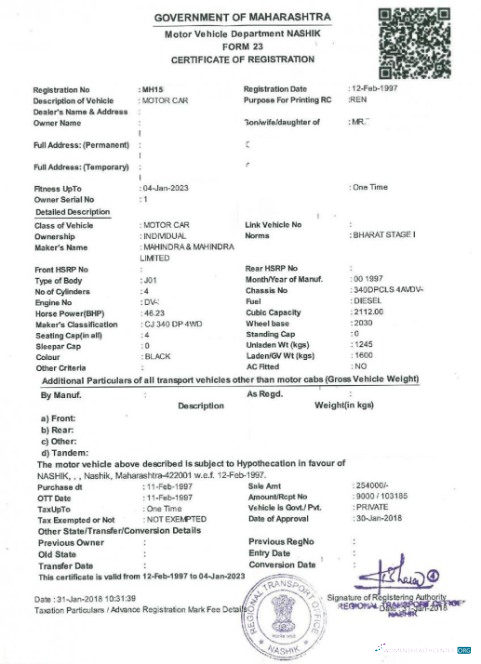 Editierbare Herunterladen Indien Vehicle Registration Certificate Version 2 Photoshop Vorlage