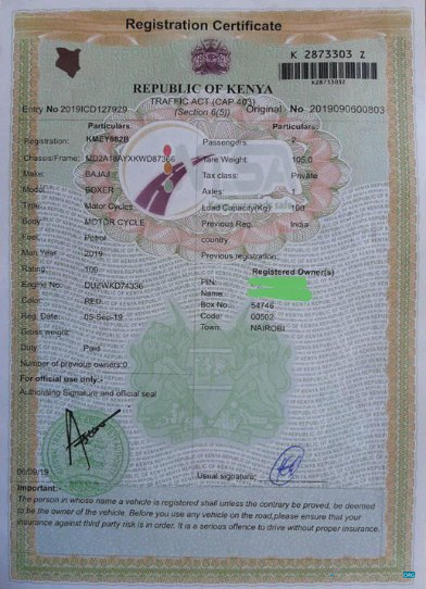 Editierbare Herunterladen Kenia Vehicle Registration Certificate Photoshop Vorlage