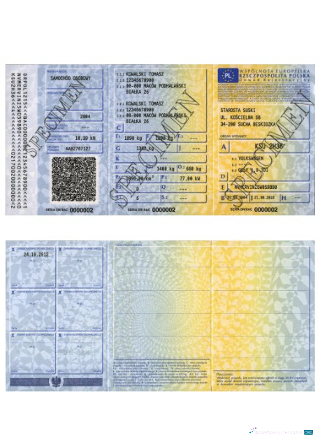 Editierbare Herunterladen Polen Vehicle Registration Certificate Photoshop Vorlage