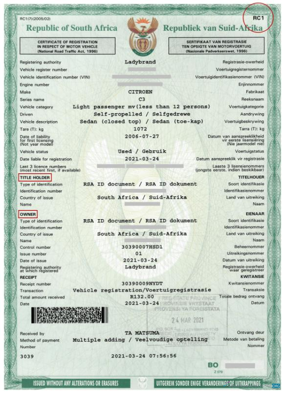 Realistische Herunterladen Südafrika Motor Vehicle Registration Certificate Photoshop Vorlage