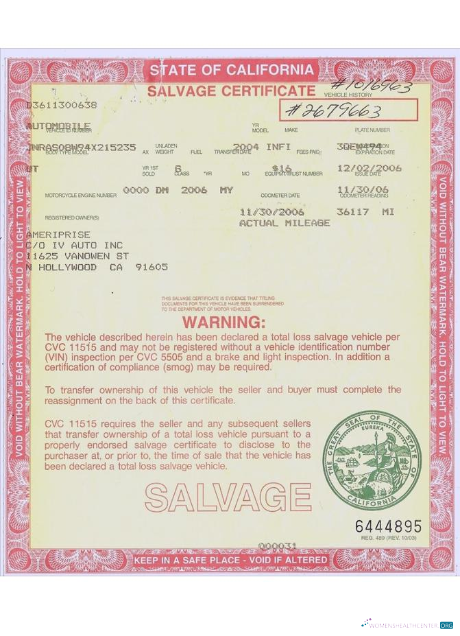 Realistische Herunterladen USA California Salvage Certificate Photoshop Vorlage