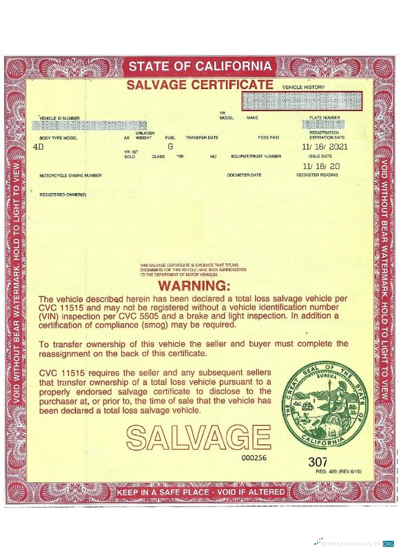 Professionelle Herunterladen USA California Salvage Certificate von A Vehicle Photoshop Vorlage