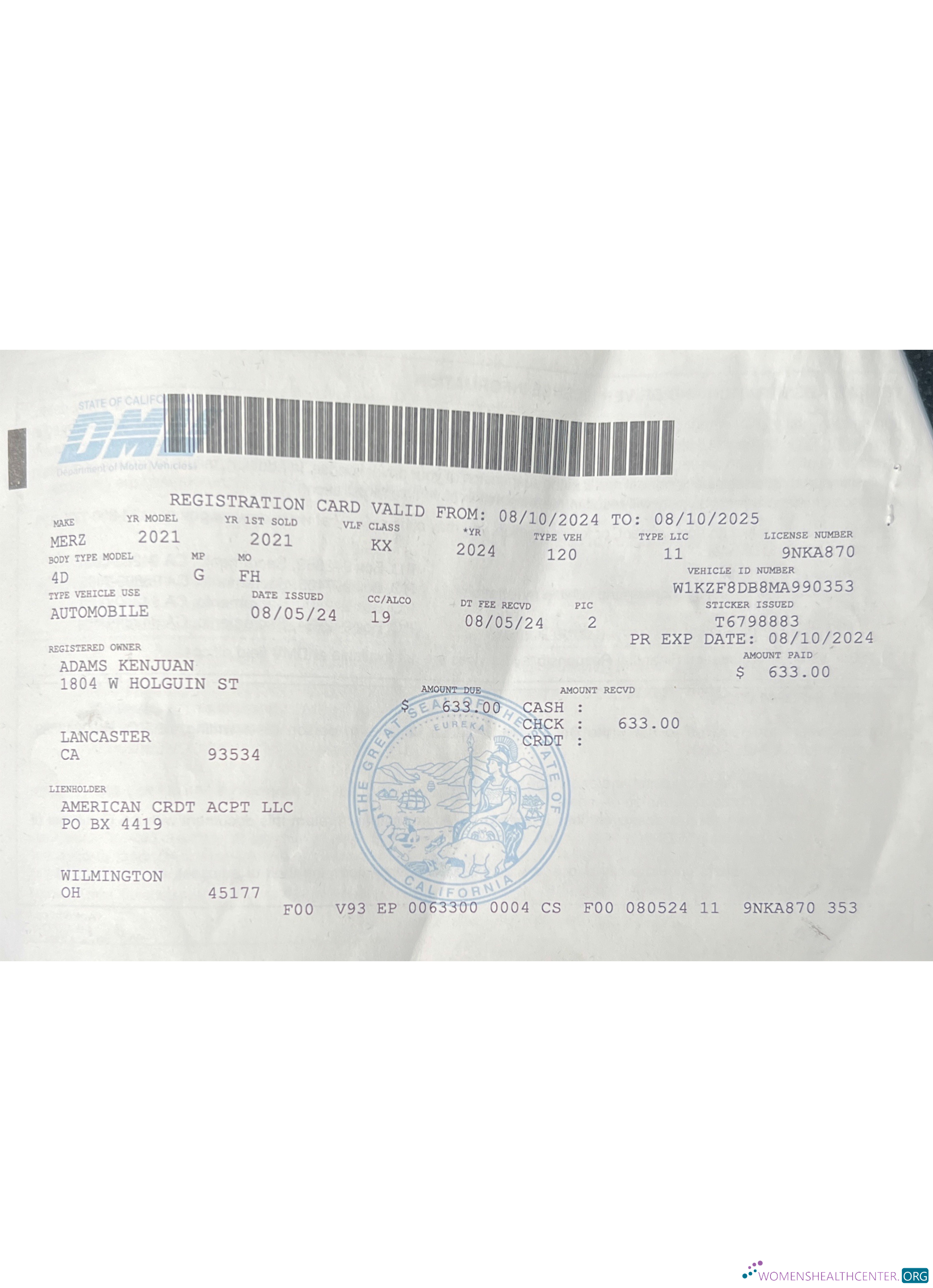Editierbare Herunterladen USA California Vehicle Registration License Photoshop Vorlage