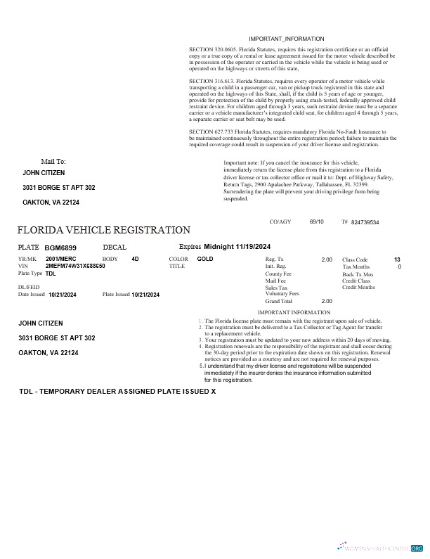 Editierbare Herunterladen USA Florida Vehicle Registration Vorlage in Word und PDF Formats Photoshop Vorlage