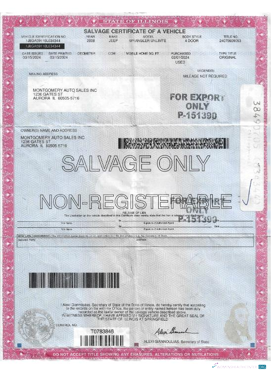 Realistische Herunterladen USA Illinois Salvage Certificate von A Vehicle Photoshop Vorlage
