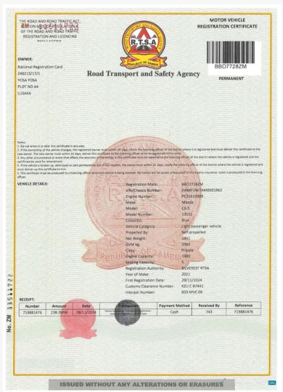 Realistische Herunterladen Sambia Vehicle Registration Certificate Photoshop Vorlage