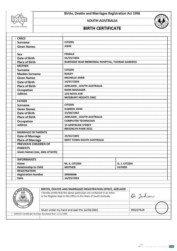 Реалистичный Австралия Australian Столичный Территория Birth Certificate Шаблон в Word Формат, Версия 1