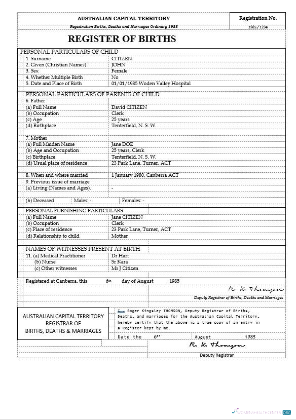 Редактируемый Австралия Australian Столичный Территория Birth Certificate Шаблон в Word Формат, Версия 2