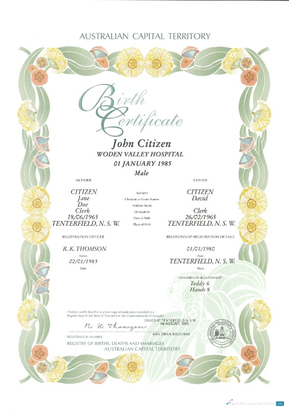 Профессиональный Австралия Australian Столичный Территория Decorative (commemorative) Birth Certificate Шаблон в PSD Формат