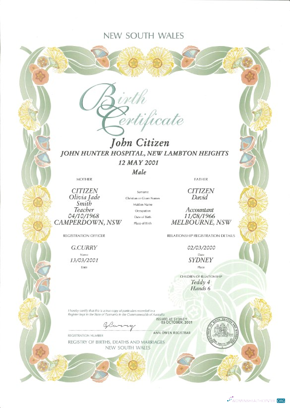Премиум Австралия Новый Южный Wales Decorative (commemorative) Birth Certificate Шаблон в PSD Формат