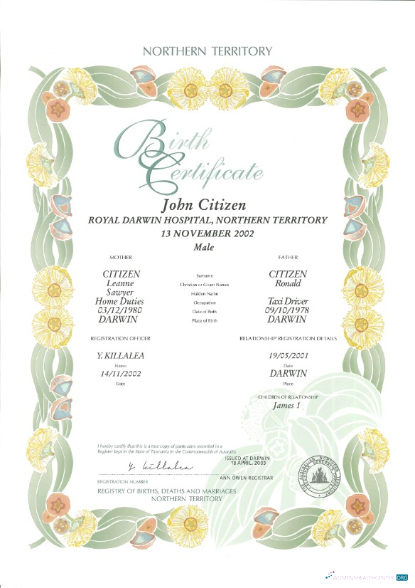 Качественный Австралия Northern Территория Decorative (commemorative) Birth Certificate Шаблон в PSD Формат