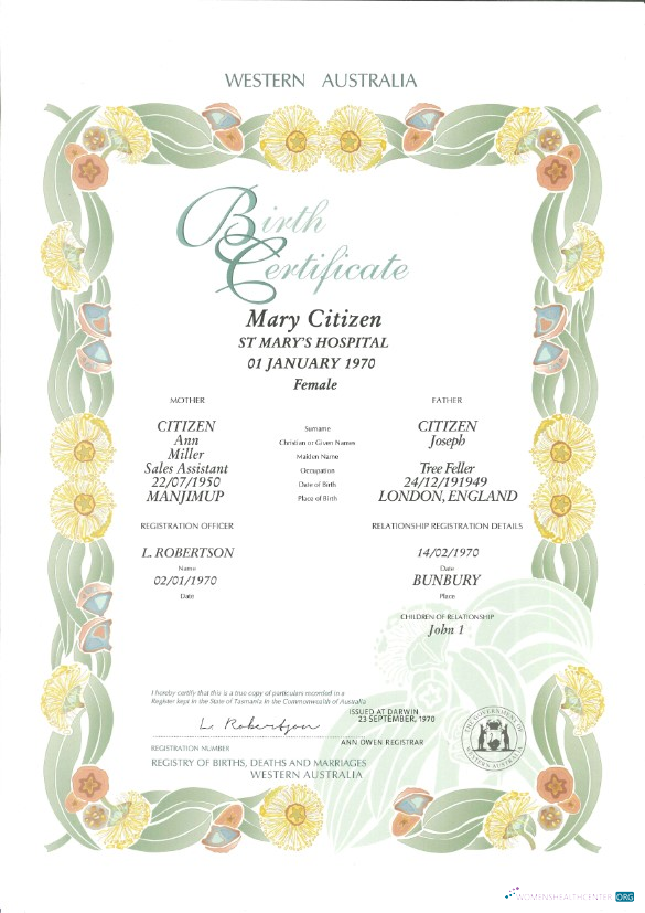 Редактируемый Австралия Western Австралия Decorative (commemorative) Birth Certificate Шаблон в PSD Формат