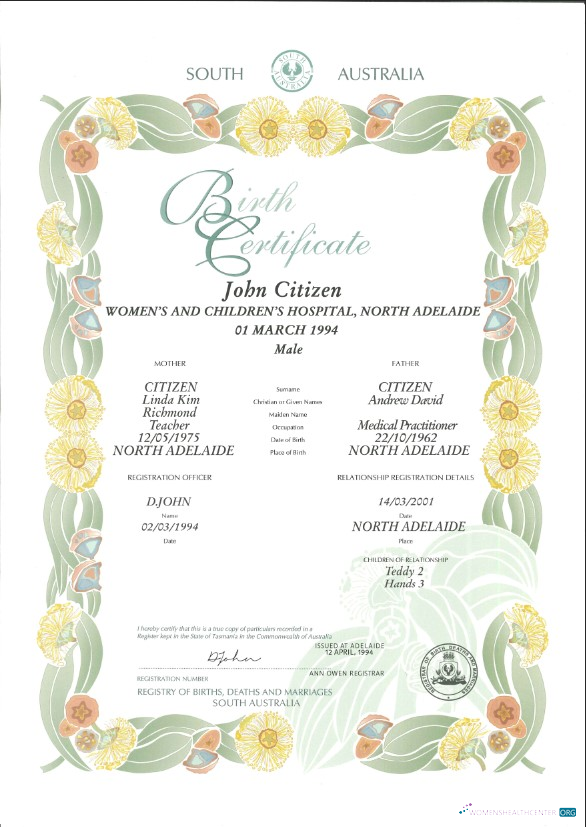 Профессиональный Australian Южный Австралия Decorative (commemorative) Birth Certificate Шаблон в PSD Формат,