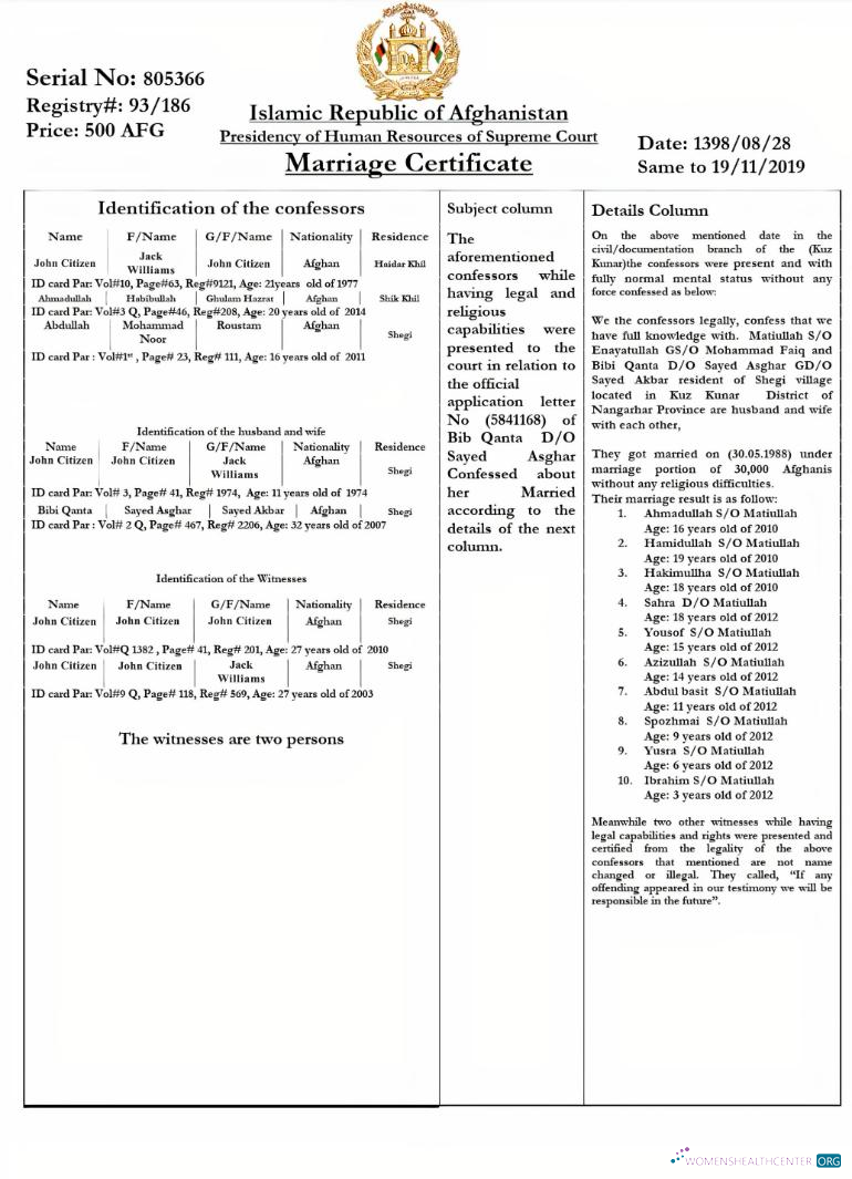 Редактируемый Скачать Афганистан Marriage Certificate Photoshop Шаблон