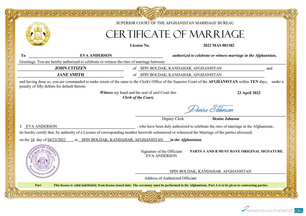 Реалистичный Скачать Афганистан Marriage Certificate Word и PDF Photoshop Шаблон