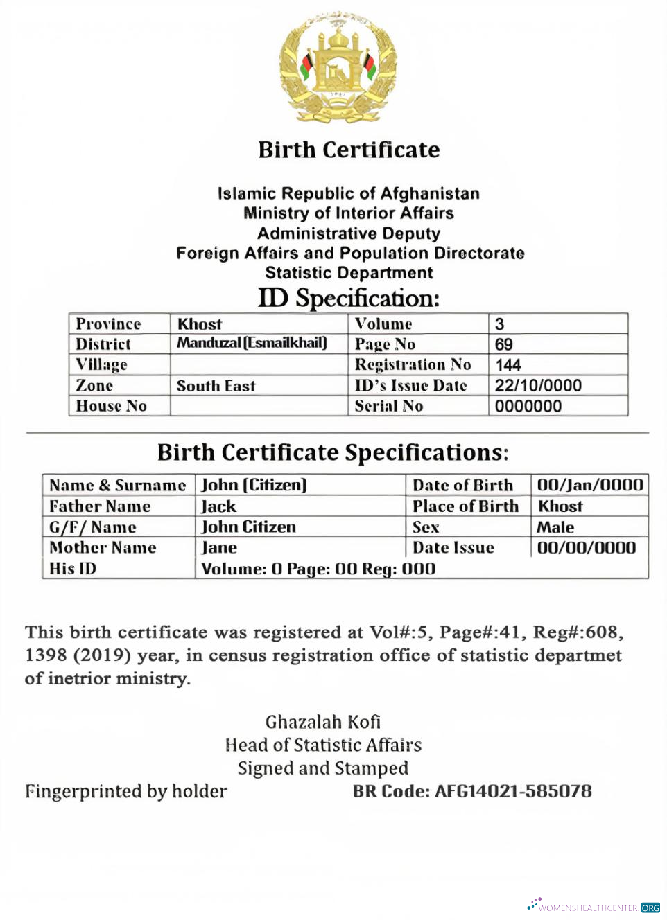 Качественный Скачать Афганистан Vital Record Birth Certificate Editable PSD Шаблон, Версия 2 Photoshop Шаблон