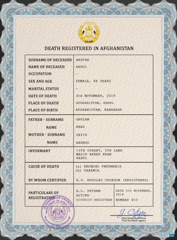 Реалистичный Скачать Афганистан Vital Record Death Certificate PSD Photoshop Шаблон