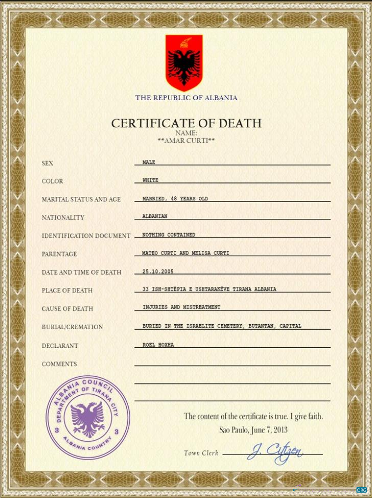 Реалистичный Скачать Албания Death Certificate PSD Photoshop Шаблон