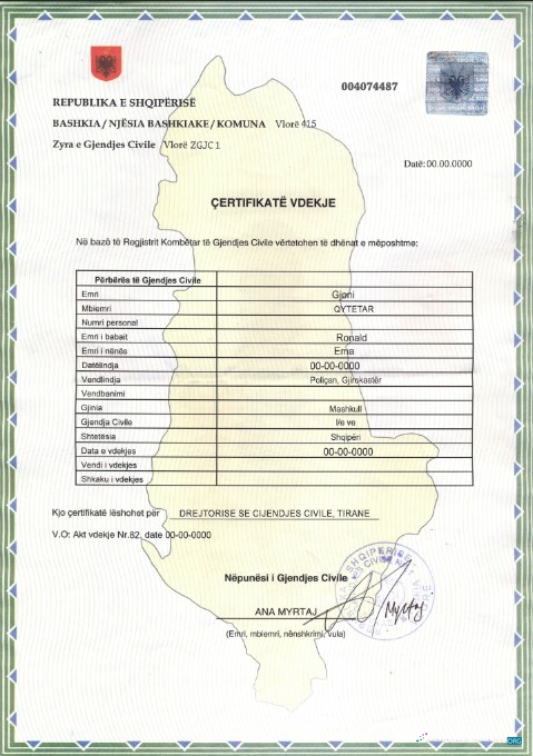 Премиум Скачать Албания Death Certificate Шаблон в PSD Формат Photoshop Шаблон