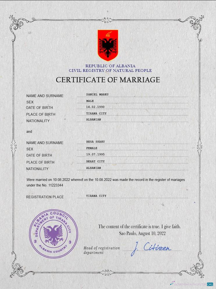 Реалистичный Скачать Албания Marriage Certificate PSD Шаблон Photoshop Шаблон