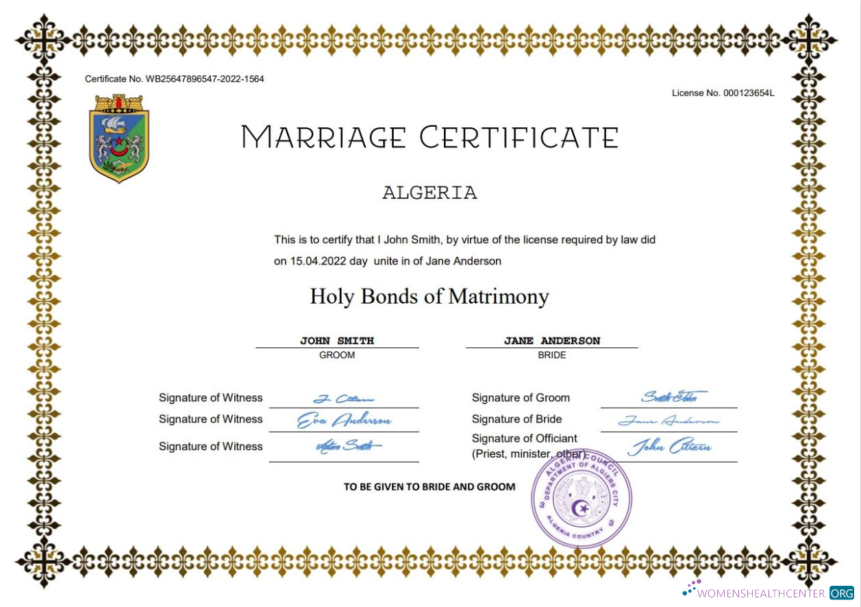 Реалистичный Скачать Алжир Marriage Certificate Word и PDF Шаблон Photoshop Шаблон