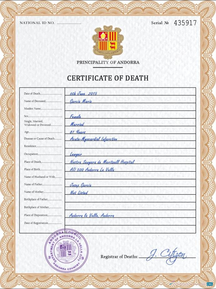 Реалистичный Скачать Андорра Death Certificate PSD Шаблон Photoshop Шаблон