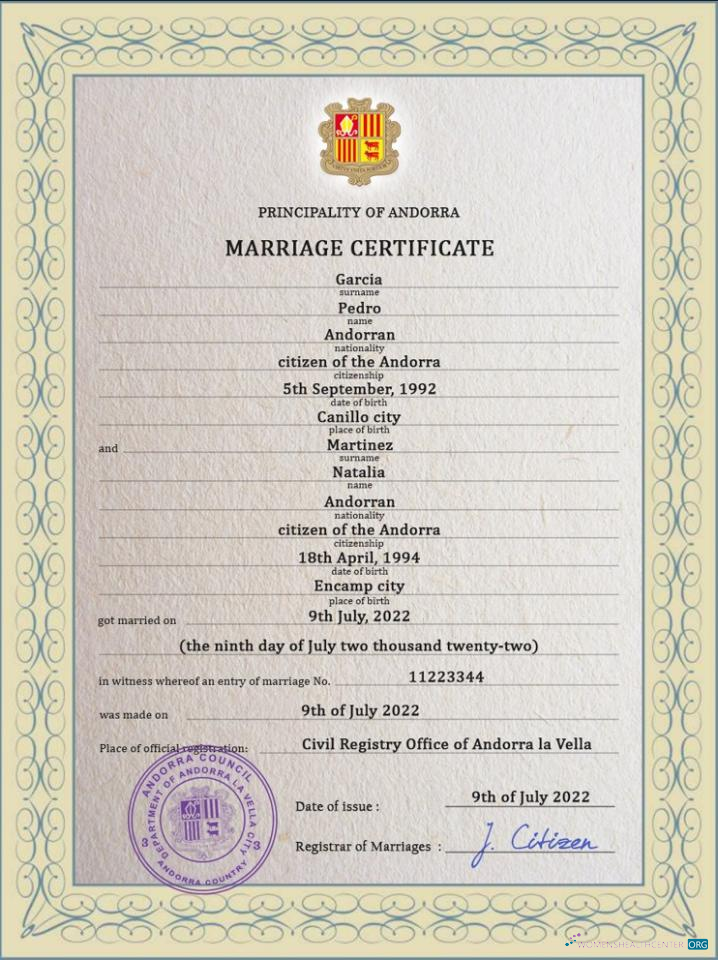 Редактируемый Скачать Андорра Marriage Certificate PSD Шаблон Photoshop Шаблон