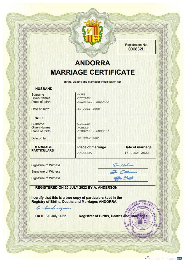 Качественный Скачать Андорра Marriage Certificate Word и PDF Шаблон Photoshop Шаблон