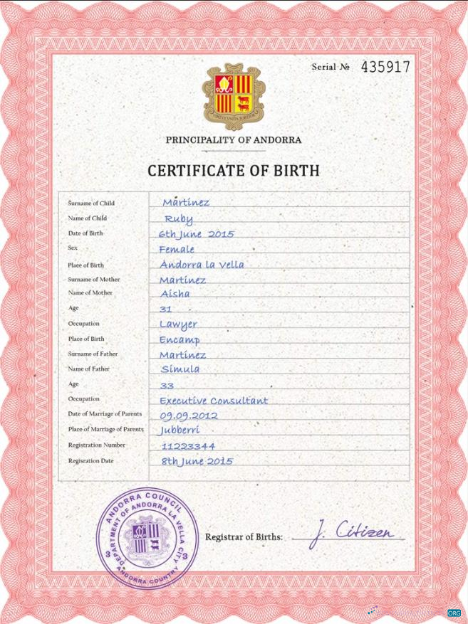 Реалистичный Скачать Андорра Vital Record Birth Certificate PSD Шаблон Photoshop Шаблон