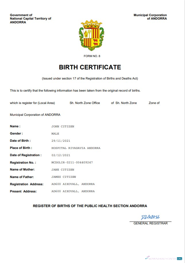 Реалистичный Скачать Андорра Vital Record Birth Certificate Word и PDF Шаблон Photoshop Шаблон