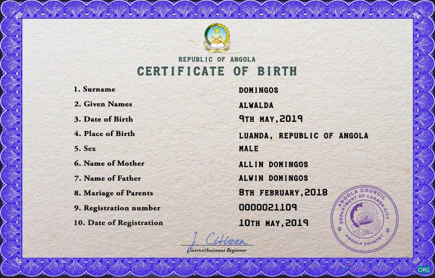 Премиум Скачать Ангола Vital Record Birth Certificate PSD Шаблон Photoshop Шаблон