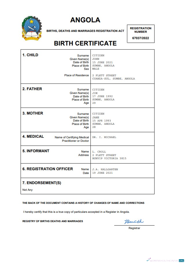 Редактируемый Скачать Ангола Vital Record Birth Certificate Word и PDF Шаблон Photoshop Шаблон