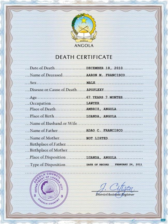 Реалистичный Скачать Ангола Vital Record Death Certificate PSD Шаблон Photoshop Шаблон