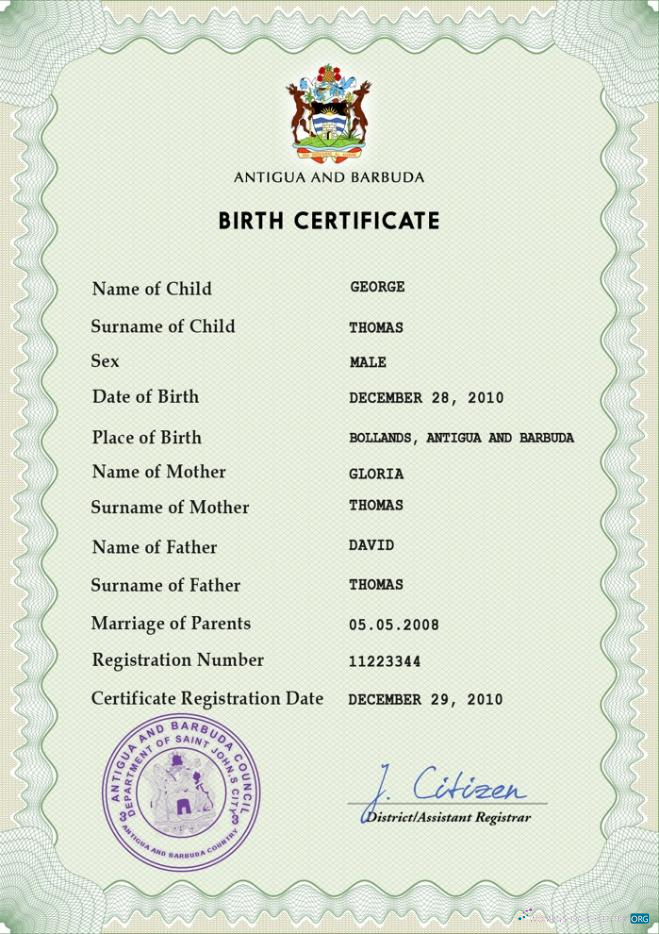Редактируемый Скачать Антигуа и Барбуда Birth Certificate PSD Шаблон Photoshop Шаблон