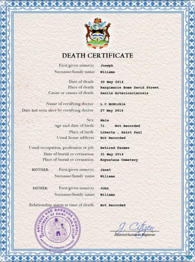 Качественный Скачать Антигуа и Барбуда Vital Record Death Certificate PSD Шаблон Photoshop Шаблон