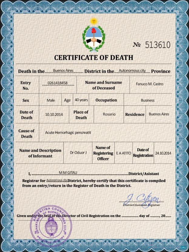Реалистичный Скачать Аргентина Death Certificate PSD Шаблон Photoshop Шаблон