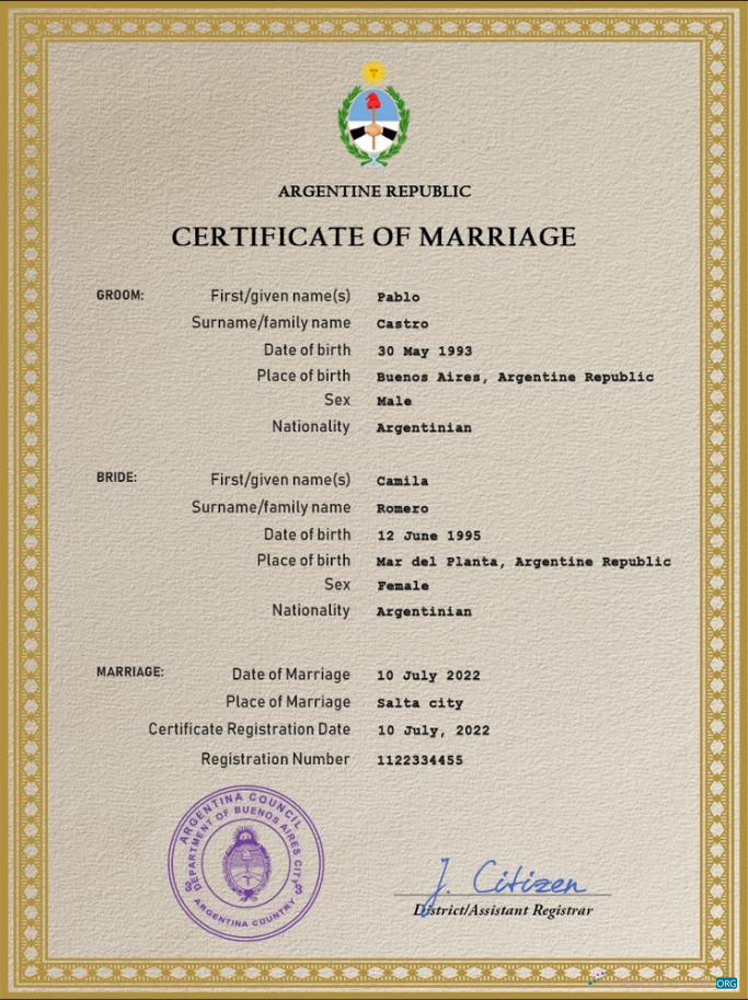 Профессиональный Скачать Аргентина Marriage Certificate PSD Шаблон Photoshop Шаблон