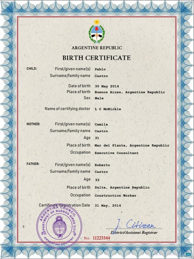 Качественный Скачать Аргентина Vital Record Birth Certificate PSD Шаблон Photoshop Шаблон