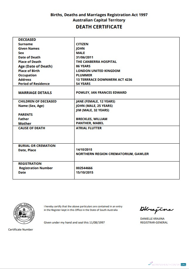 Качественный Скачать Австралия Australian Столичный Территория Death Certificate Шаблон в Word Photoshop Шаблон