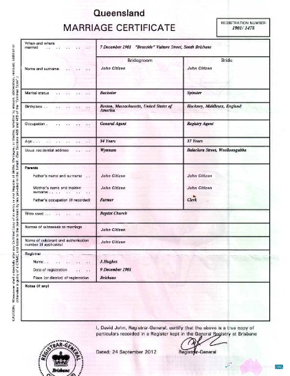 Реалистичный Скачать Австралия Brisbane General Registry Marriage Certificate Photoshop Шаблон