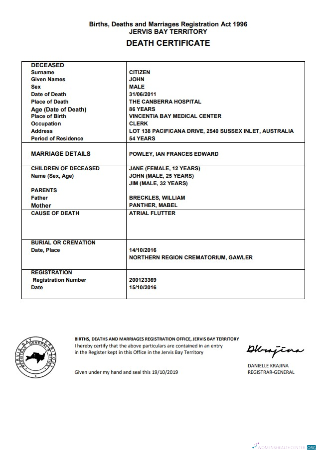 Реалистичный Скачать Австралия Jervis Бэй Территория Death Certificate Шаблон в Word Формат Photoshop Шаблон