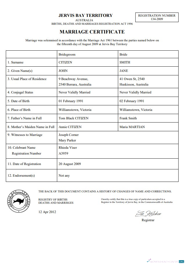 Премиум Скачать Австралия Jervis Бэй Территория Marriage Certificate Шаблон в Word Photoshop Шаблон