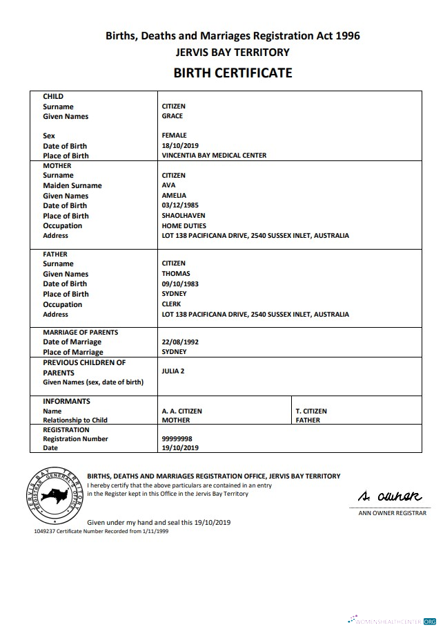 Качественный Скачать Австралия Jervis Бэй Территория Birth Certificate Шаблон в Word и PDF Формат Photoshop Шаблон