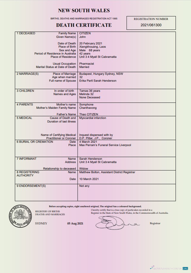 Качественный Скачать Австралия Новый Южный Wales Death Certificate Шаблон в Word и PDF Формат Photoshop Шаблон