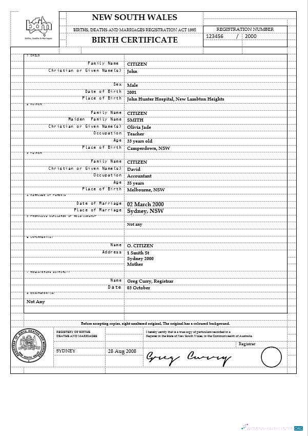 Редактируемый Скачать Австралия Новый Южный Wales Birth Certificate Шаблон в Word Формат, Версия 2 Photoshop Шаблон