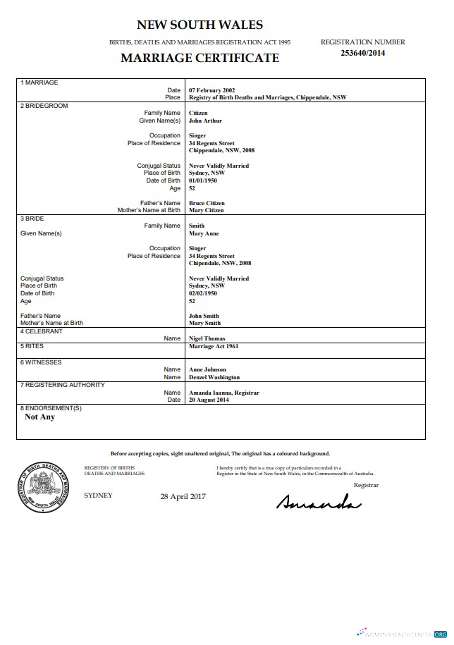 Профессиональный Скачать Австралия Новый Южный Wales Marriage Certificate Шаблон в Word Photoshop Шаблон
